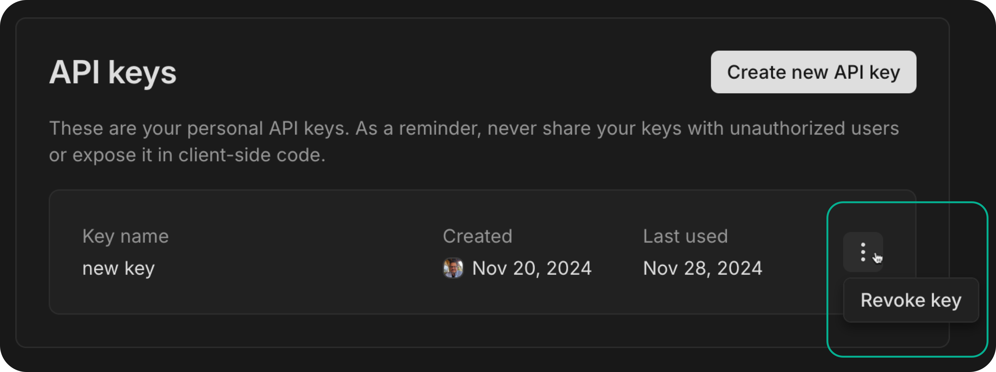 Revoking an API key in the OptiTech Console