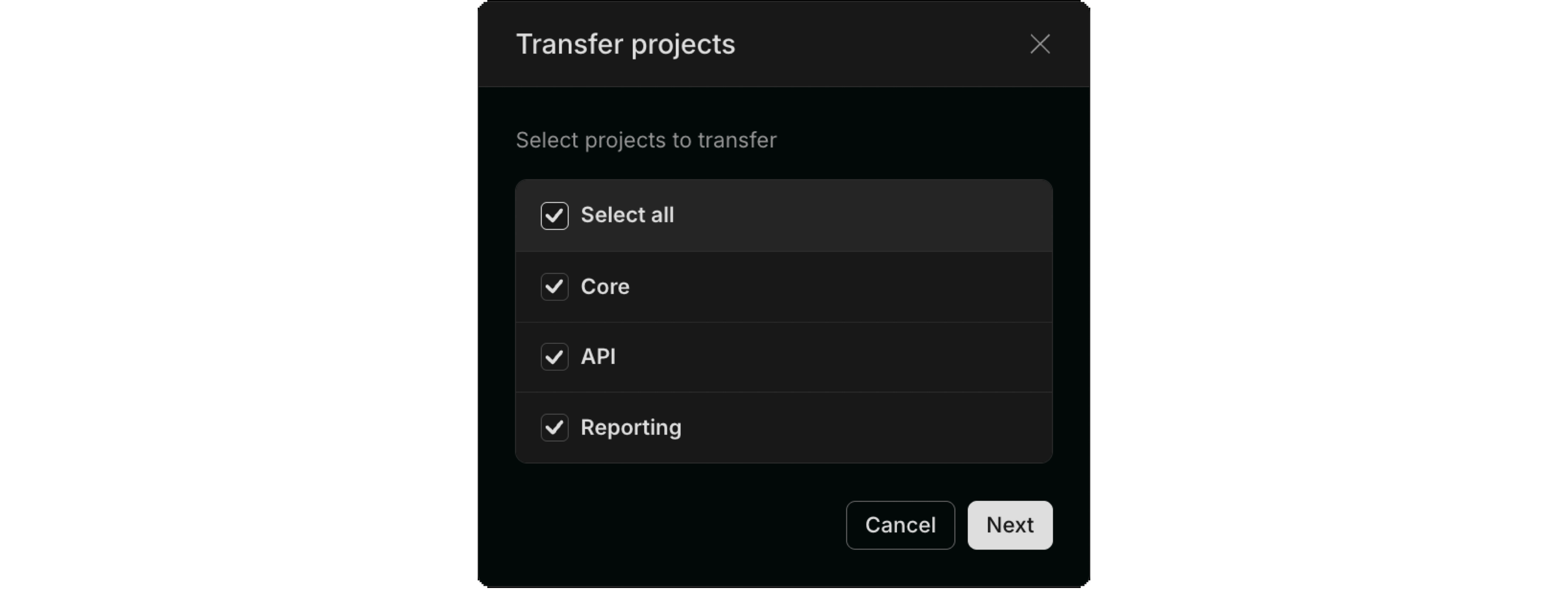 transfer multiple projects from org settings
