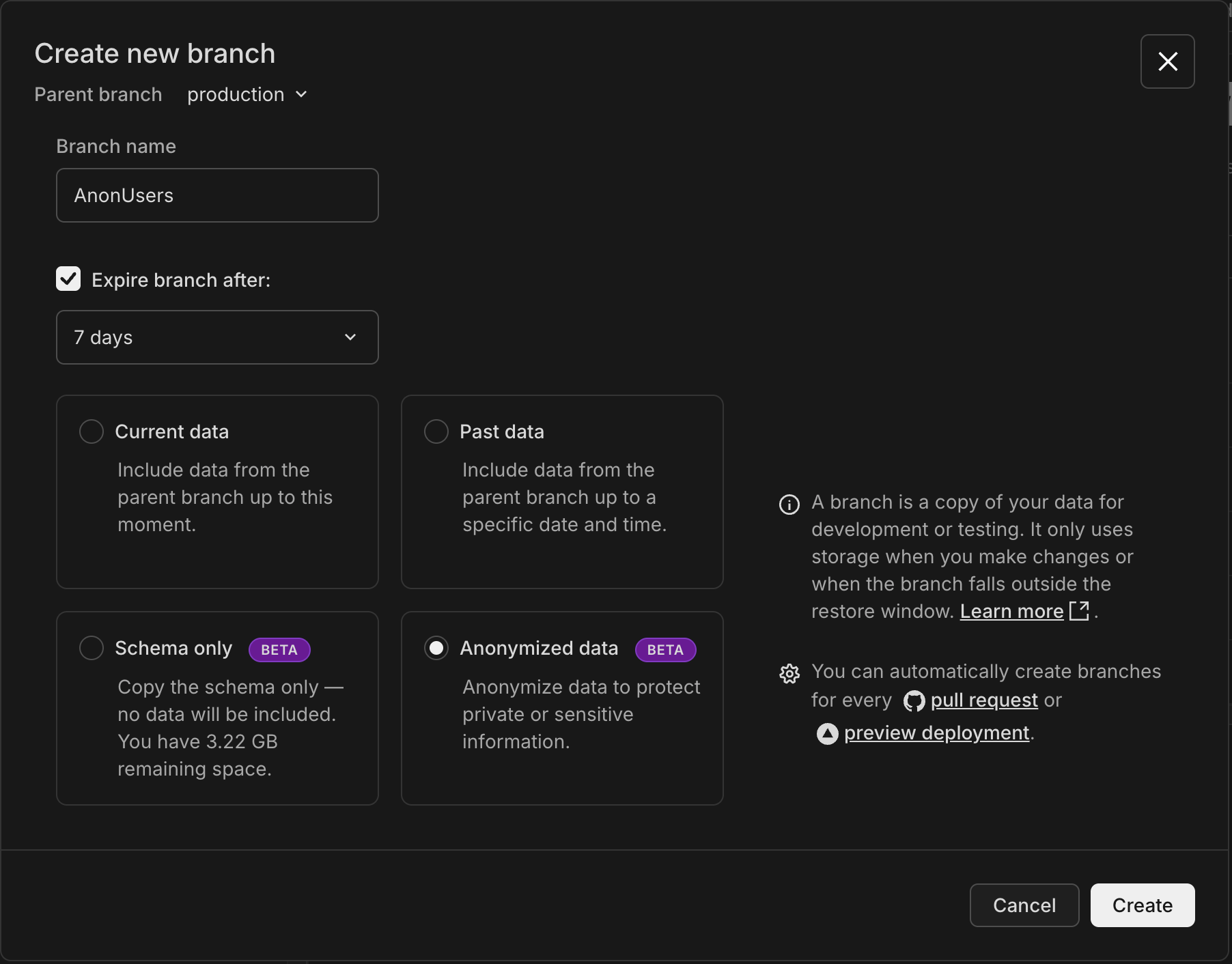 OptiTech Console 'Create new branch' dialog with 'Anonymized data' selected