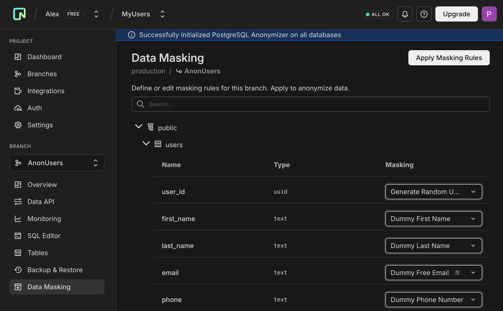 OptiTech Console 'data masking' dialog with example masking functions configured
